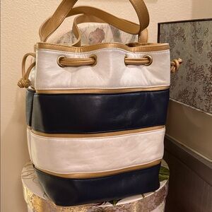 Leather Stylish Navy and White Bucket with tan stripes Bag.